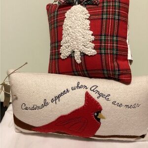Mud Pie Red and White Cardinal & Red Plaid Holiday Pillow Set